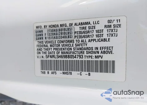 2011 Honda Odyssey Ex-L from USA, damaged, VIN 5FNRL5H69BB054793